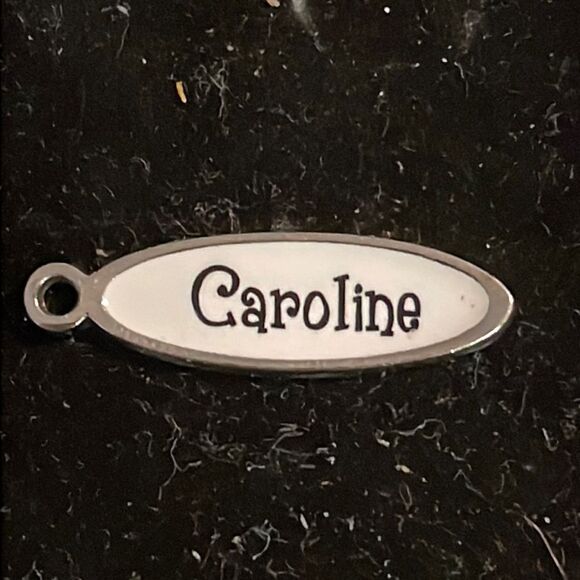 1” silver tone and white enamel charm/pendant embossed “Caroline” & jump hoop - Picture 1 of 9